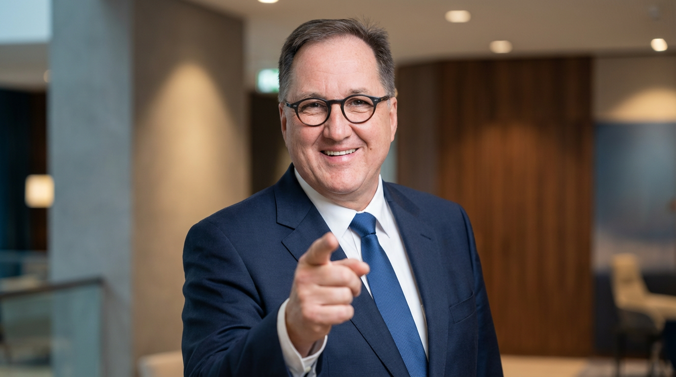 Sven Haase zeigt mit dem Finger nach vorne und lächelt - Business-Coach für Plan B Strategien